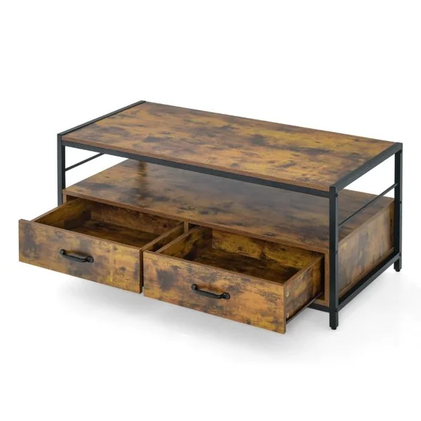 Table Basse Salon Table Basse Industrielle 2 Tiroirs et 2 Étagères Cadre en Métal Banc TV pour Télé 45 ″ au Max 105 x 50 x 45 cm