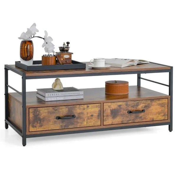 Table Basse Salon Table Basse Industrielle 2 Tiroirs et 2 Étagères Cadre en Métal Banc TV pour Télé 45 ″ au Max 105 x 50 x 45 cm