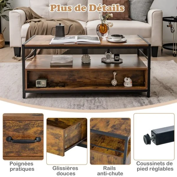Table Basse Salon Table Basse Industrielle 2 Tiroirs et 2 Étagères Cadre en Métal Banc TV pour Télé 45 ″ au Max 105 x 50 x 45 cm