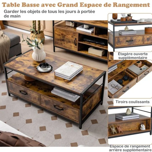 Table Basse Salon Table Basse Industrielle 2 Tiroirs et 2 Étagères Cadre en Métal Banc TV pour Télé 45 ″ au Max 105 x 50 x 45 cm