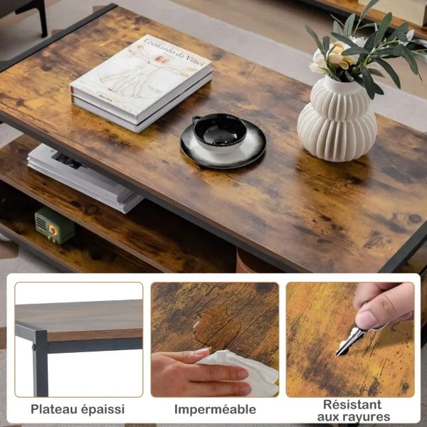 Table Basse Salon Table Basse Industrielle 2 Tiroirs et 2 Étagères Cadre en Métal Banc TV pour Télé 45 ″ au Max 105 x 50 x 45 cm