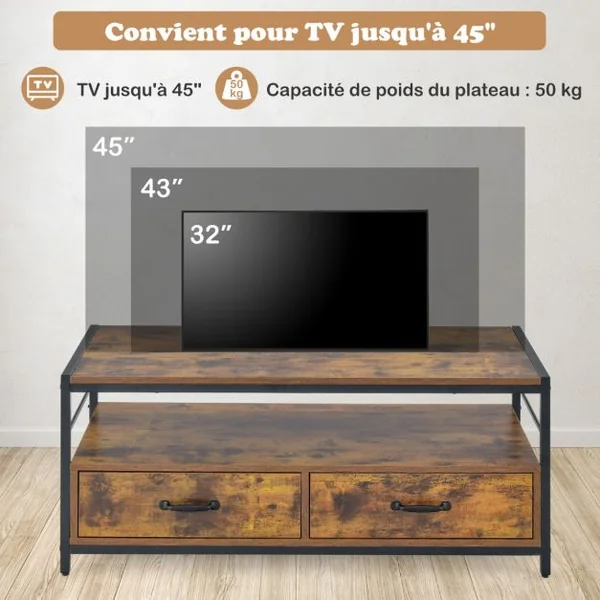 Table Basse Salon Table Basse Industrielle 2 Tiroirs et 2 Étagères Cadre en Métal Banc TV pour Télé 45 ″ au Max 105 x 50 x 45 cm