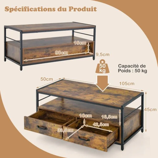Table Basse Salon Table Basse Industrielle 2 Tiroirs et 2 Étagères Cadre en Métal Banc TV pour Télé 45 ″ au Max 105 x 50 x 45 cm