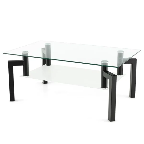 Table basse transparente en verre trempé à 2 Niveaux Table Basse Salon Moderne Rectangulaire à 4 Pieds en Fer 100 x 60 x 43 cm