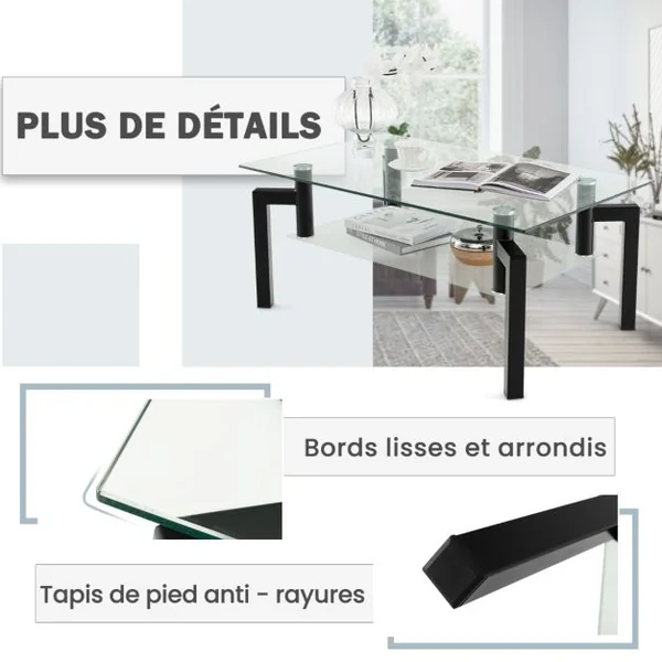 Table basse transparente en verre trempé à 2 Niveaux Table Basse Salon Moderne Rectangulaire à 4 Pieds en Fer 100 x 60 x 43 cm