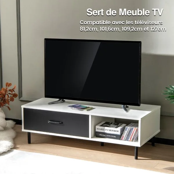 Table Basse à 2 Niveaux avec Tiroir et Étagère Ouverte Moderne 110 x 52 x 35 CM Table Cocktail avec Pieds en Métal Robuste