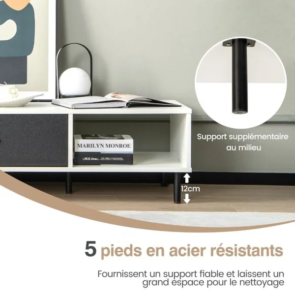 Table Basse à 2 Niveaux avec Tiroir et Étagère Ouverte Moderne 110 x 52 x 35 CM Table Cocktail avec Pieds en Métal Robuste