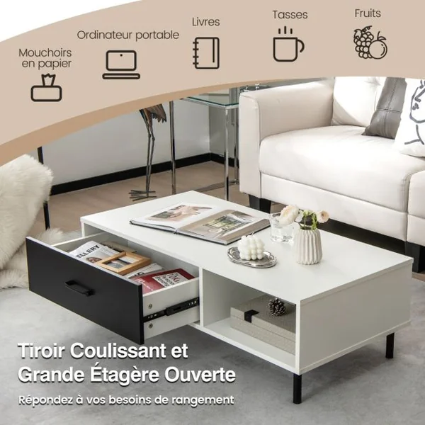 Table Basse à 2 Niveaux avec Tiroir et Étagère Ouverte Moderne 110 x 52 x 35 CM Table Cocktail avec Pieds en Métal Robuste