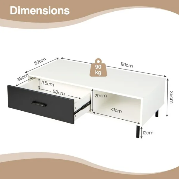 Table Basse à 2 Niveaux avec Tiroir et Étagère Ouverte Moderne 110 x 52 x 35 CM Table Cocktail avec Pieds en Métal Robuste
