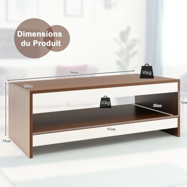 Table Basse à 2 Niveaux avec Étagère de Rangement Table de Salon Rectangulaire en Bois Moderne pour Salon Bureau Noyer