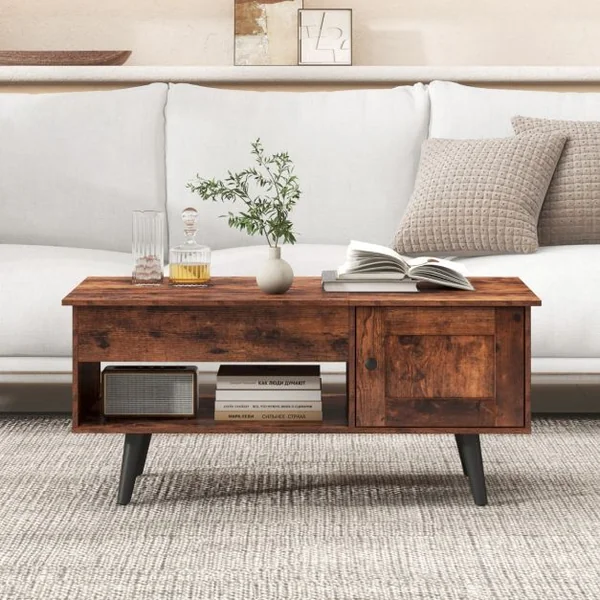 Table Basse à Plateau Relevable avec Rangement Table de Salon avec Compartiment Caché Armoire Fermée Etagère Ouverte Marron Rustique