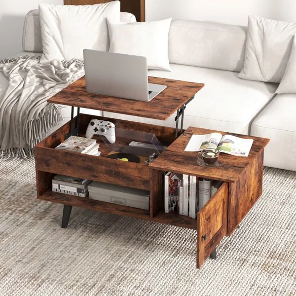 Table Basse à Plateau Relevable avec Rangement Table de Salon avec Compartiment Caché Armoire Fermée Etagère Ouverte Marron Rustique
