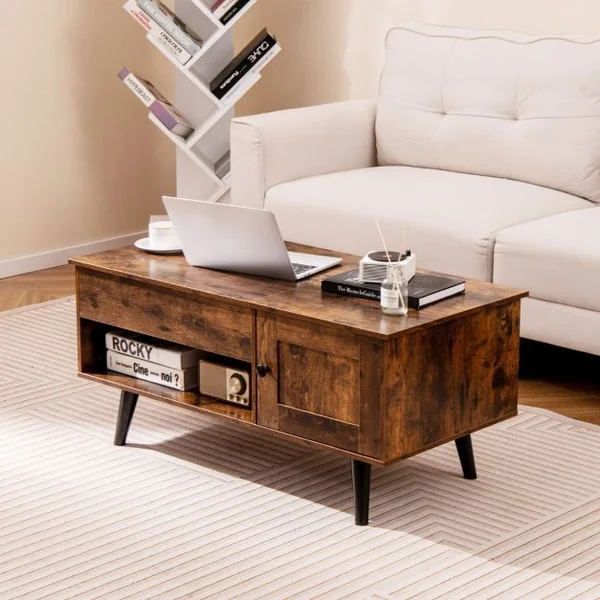 Table Basse à Plateau Relevable avec Rangement Table de Salon avec Compartiment Caché Armoire Fermée Etagère Ouverte Marron Rustique