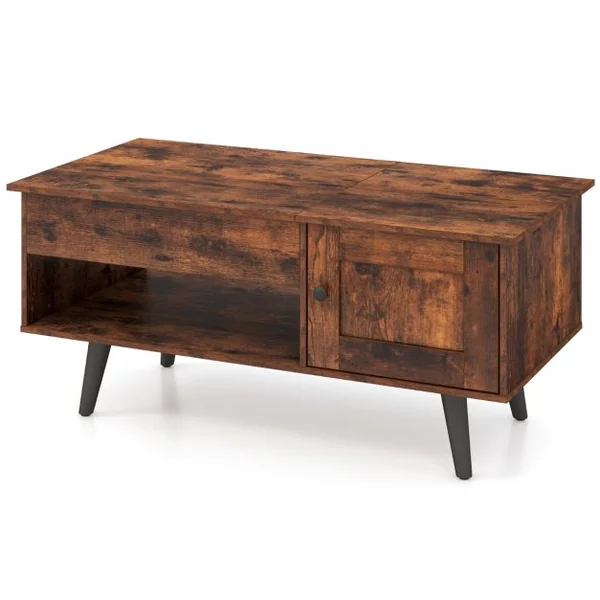 Table Basse à Plateau Relevable avec Rangement Table de Salon avec Compartiment Caché Armoire Fermée Etagère Ouverte Marron Rustique