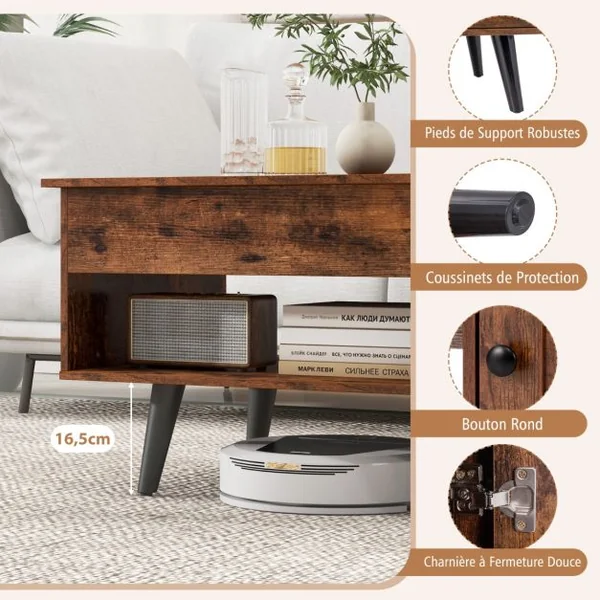 Table Basse à Plateau Relevable avec Rangement Table de Salon avec Compartiment Caché Armoire Fermée Etagère Ouverte Marron Rustique