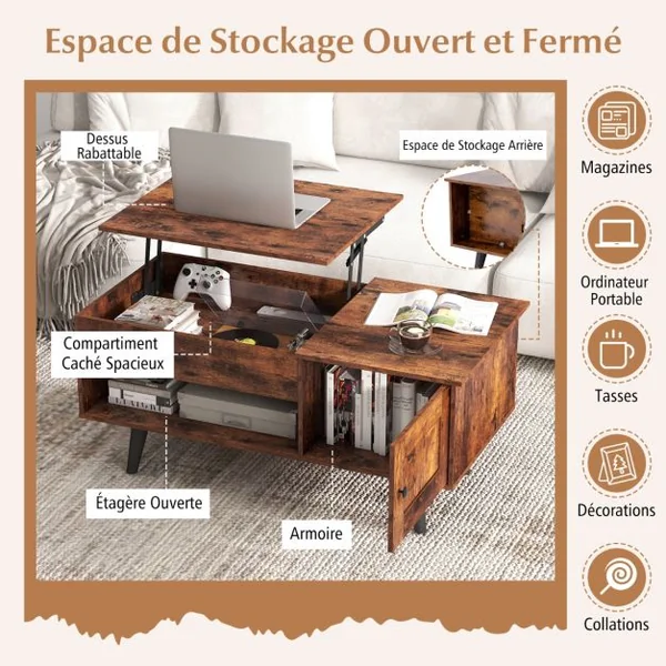 Table Basse à Plateau Relevable avec Rangement Table de Salon avec Compartiment Caché Armoire Fermée Etagère Ouverte Marron Rustique