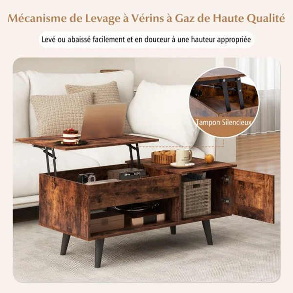 Table Basse à Plateau Relevable avec Rangement Table de Salon avec Compartiment Caché Armoire Fermée Etagère Ouverte Marron Rustique