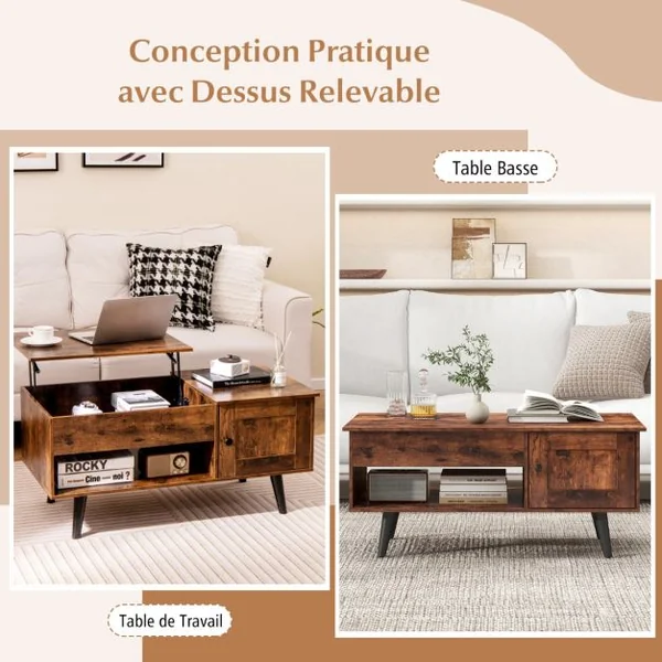 Table Basse à Plateau Relevable avec Rangement Table de Salon avec Compartiment Caché Armoire Fermée Etagère Ouverte Marron Rustique
