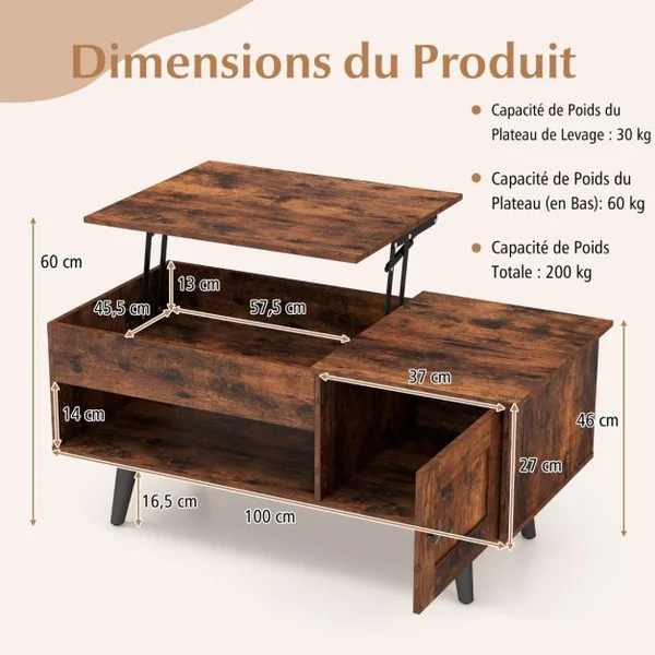 Table Basse à Plateau Relevable avec Rangement Table de Salon avec Compartiment Caché Armoire Fermée Etagère Ouverte Marron Rustique