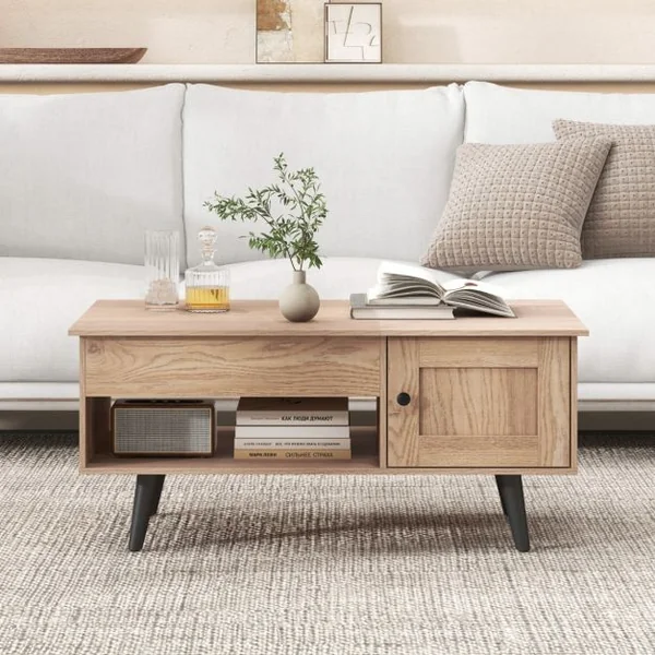 Table Basse à Plateau Relevable avec Rangement Table de Salon avec Compartiment Caché Armoire Fermée Etagère Ouverte Naturel