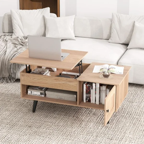 Table Basse à Plateau Relevable avec Rangement Table de Salon avec Compartiment Caché Armoire Fermée Etagère Ouverte Naturel