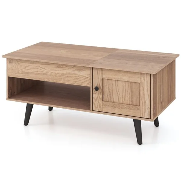 Table Basse à Plateau Relevable avec Rangement Table de Salon avec Compartiment Caché Armoire Fermée Etagère Ouverte Naturel