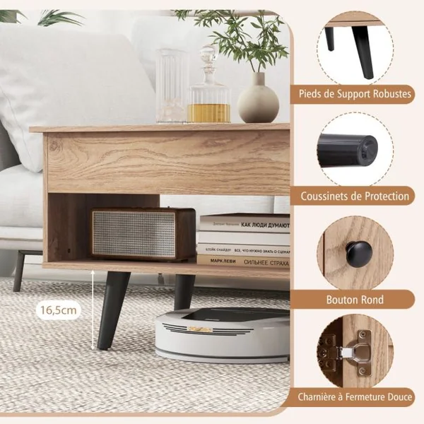 Table Basse à Plateau Relevable avec Rangement Table de Salon avec Compartiment Caché Armoire Fermée Etagère Ouverte Naturel