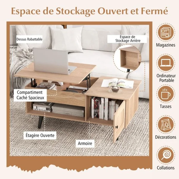 Table Basse à Plateau Relevable avec Rangement Table de Salon avec Compartiment Caché Armoire Fermée Etagère Ouverte Naturel