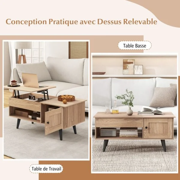 Table Basse à Plateau Relevable avec Rangement Table de Salon avec Compartiment Caché Armoire Fermée Etagère Ouverte Naturel