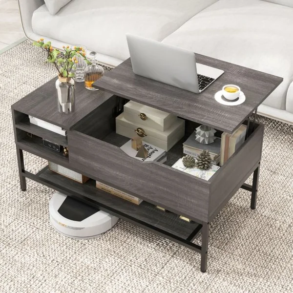Table Basse à Plateau Relevable Table de Salon avec Compartiment Caché et Etagère de Rangement Amovible Table Centrale Rabattable Blanc/Gris