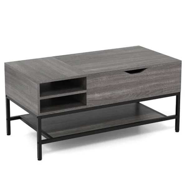 Table Basse à Plateau Relevable Table de Salon avec Compartiment Caché et Etagère de Rangement Amovible Table Centrale Rabattable Blanc/Gris