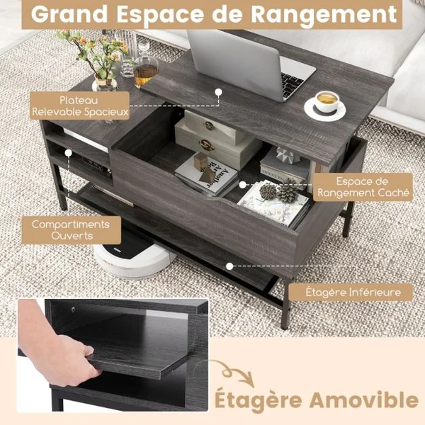 Table Basse à Plateau Relevable Table de Salon avec Compartiment Caché et Etagère de Rangement Amovible Table Centrale Rabattable Blanc/Gris