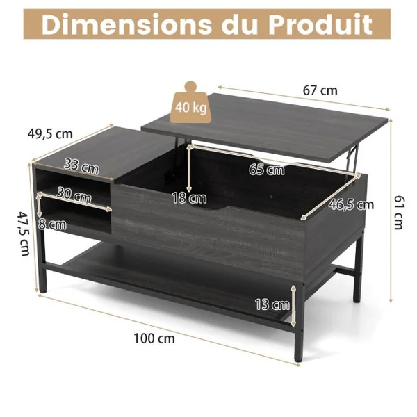 Table Basse à Plateau Relevable Table de Salon avec Compartiment Caché et Etagère de Rangement Amovible Table Centrale Rabattable Blanc/Gris