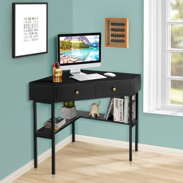 Table Bureau d'Angle avec 2 Tiroirs Table Imformatique pour Ordinateur avec Etagère de Rangement Noir