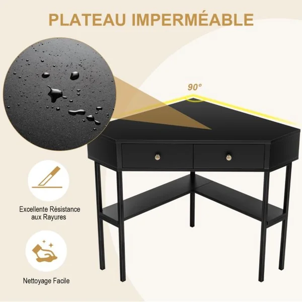 Table Bureau d'Angle avec 2 Tiroirs Table Imformatique pour Ordinateur avec Etagère de Rangement Noir