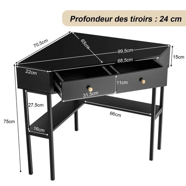 Table Bureau d'Angle avec 2 Tiroirs Table Imformatique pour Ordinateur avec Etagère de Rangement Noir