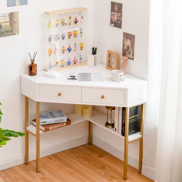 Table Bureau d'Angle avec 2 Tiroirs Table Imformatique pour Ordinateur avec Etagère de Rangement Noir