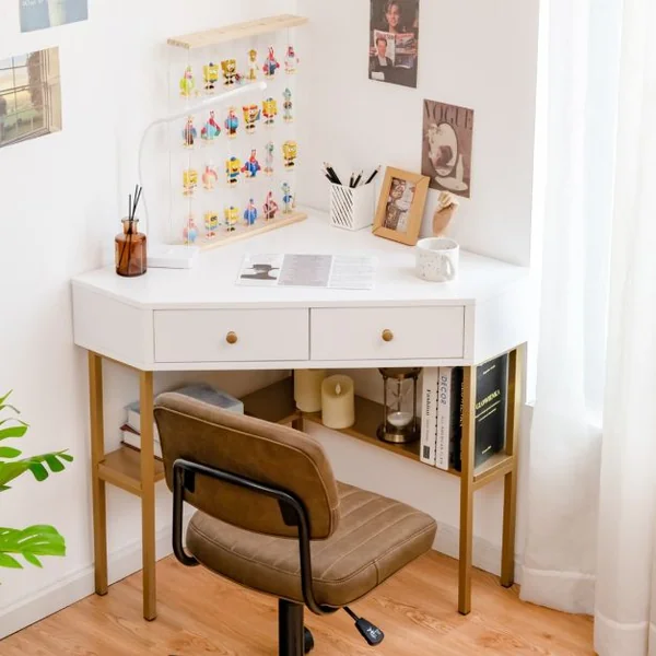 Table Bureau d'Angle avec 2 Tiroirs Table Imformatique pour Ordinateur avec Etagère de Rangement Noir