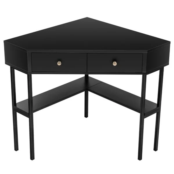 Table Bureau d'Angle avec 2 Tiroirs Table Imformatique pour Ordinateur avec Etagère de Rangement Noir
