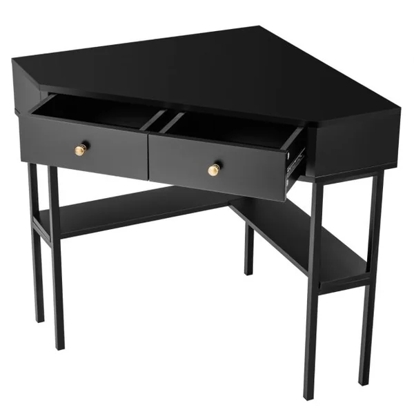 Table Bureau d'Angle avec 2 Tiroirs Table Imformatique pour Ordinateur avec Etagère de Rangement Noir
