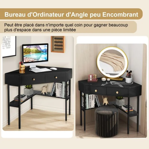 Table Bureau d'Angle avec 2 Tiroirs Table Imformatique pour Ordinateur avec Etagère de Rangement Noir