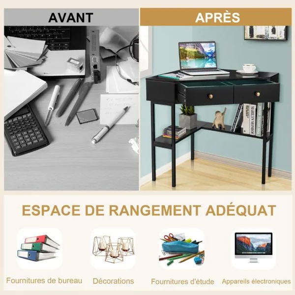 Table Bureau d'Angle avec 2 Tiroirs Table Imformatique pour Ordinateur avec Etagère de Rangement Noir