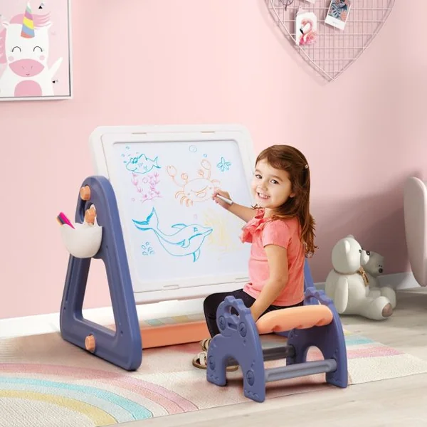 Table Chevalet d'Art et Tabouret pour Enfants Ensemble 2 en 1 Table et Tabouret Multi-activités Convertibles 160 Accessoires Tableau Blanc