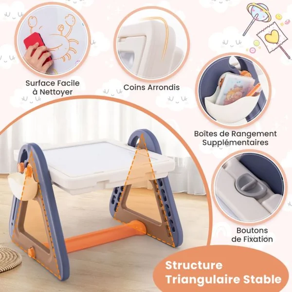 Table Chevalet d'Art et Tabouret pour Enfants Ensemble 2 en 1 Table et Tabouret Multi-activités Convertibles 160 Accessoires Tableau Blanc