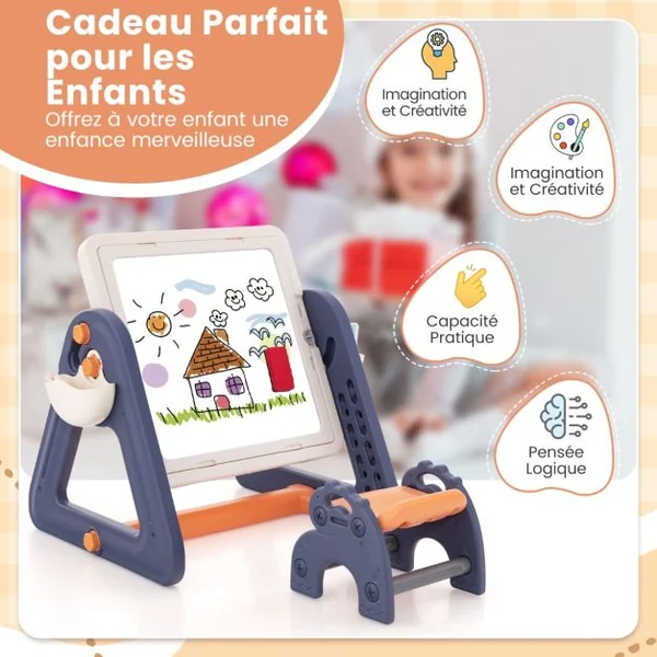 Table Chevalet d'Art et Tabouret pour Enfants Ensemble 2 en 1 Table et Tabouret Multi-activités Convertibles 160 Accessoires Tableau Blanc