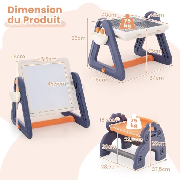 Table Chevalet d'Art et Tabouret pour Enfants Ensemble 2 en 1 Table et Tabouret Multi-activités Convertibles 160 Accessoires Tableau Blanc