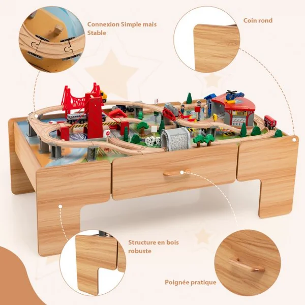 Table Circuit Train en Bois 100 Accessoires avec Tiroir de Rangement Jouet Educative pour Enfants 3 Ans +