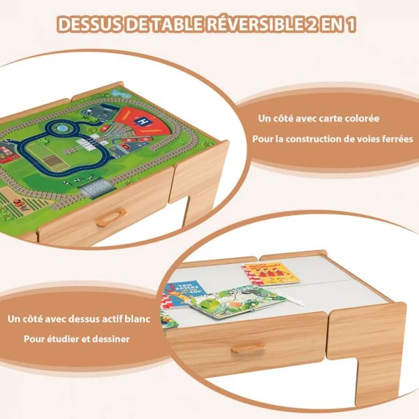 Table Circuit Train en Bois 100 Accessoires avec Tiroir de Rangement Jouet Educative pour Enfants 3 Ans +
