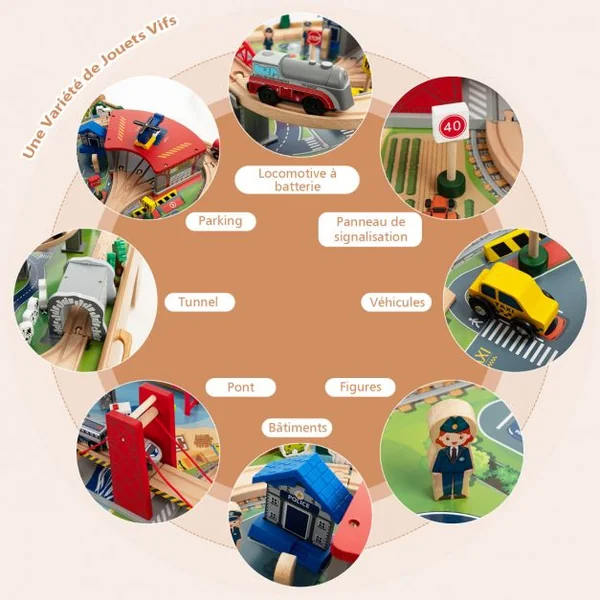 Table Circuit Train en Bois 100 Accessoires avec Tiroir de Rangement Jouet Educative pour Enfants 3 Ans +