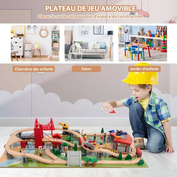 Table Circuit Train en Bois 100 Accessoires avec Tiroir de Rangement Jouet Educative pour Enfants 3 Ans +